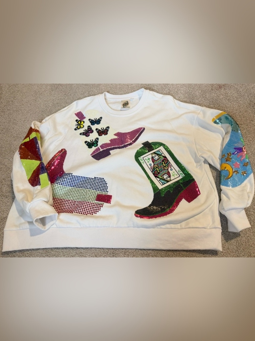 QUEEN OF SPARKLES White Sequin Western Boot Sweatshirt